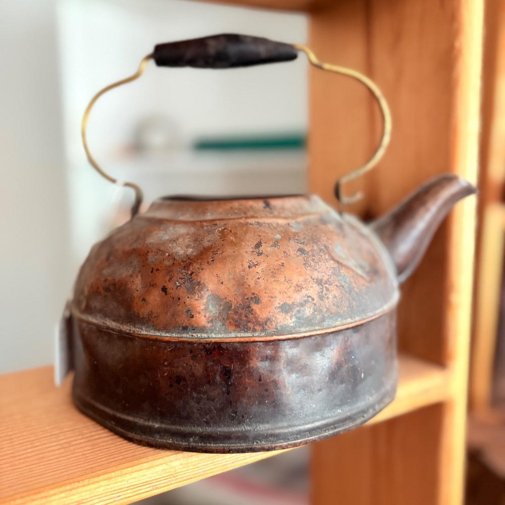 Antique Copper Tea Kettle Rustic Primitive Farmhouse Decor Distressed Patina